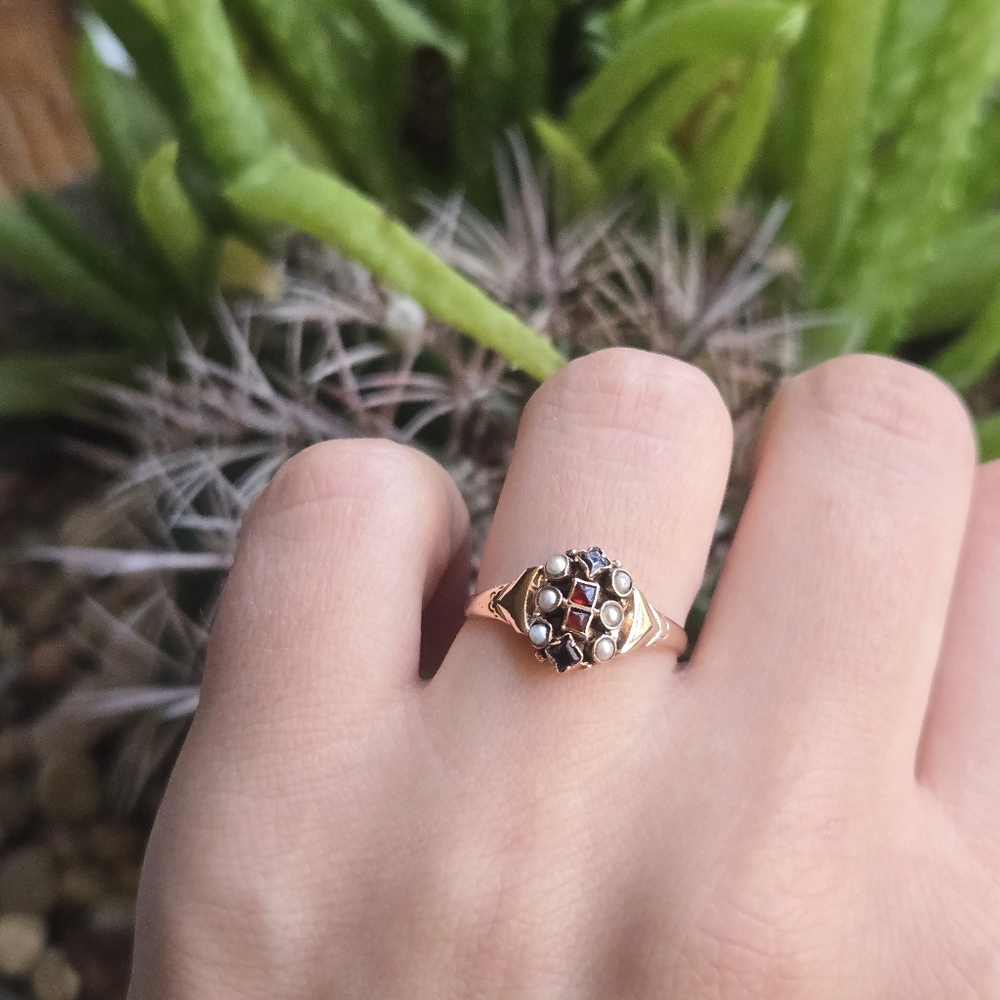 Antique 10K Art Nouveau Solid Gold Garnet, Sapphire & Seed Pearl Ornate Ring, 6 - Picture 6 of 16